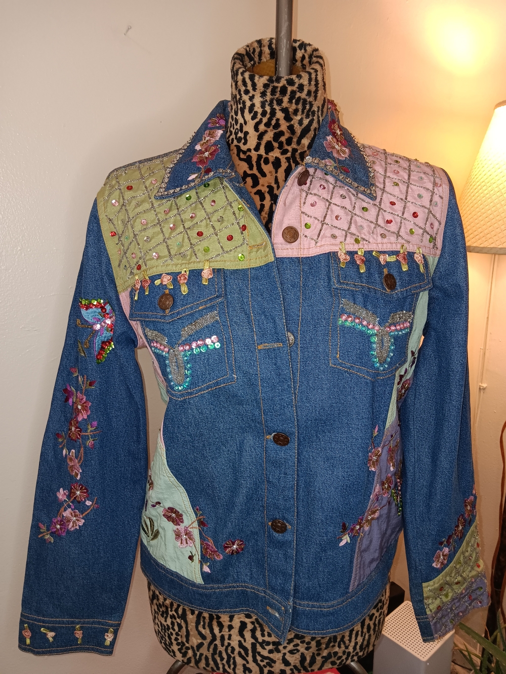 Embellished Patchwork Denim Jacket in Blue, Pink & Green